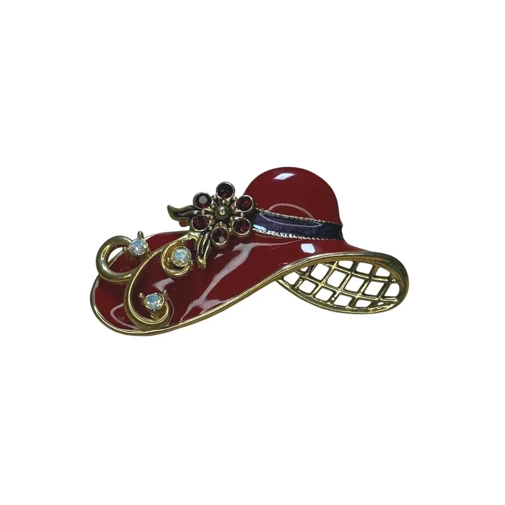 Vintage Red Hat Society Floral Enamel Rhinestone Brooch Pin Gold Tone Retro